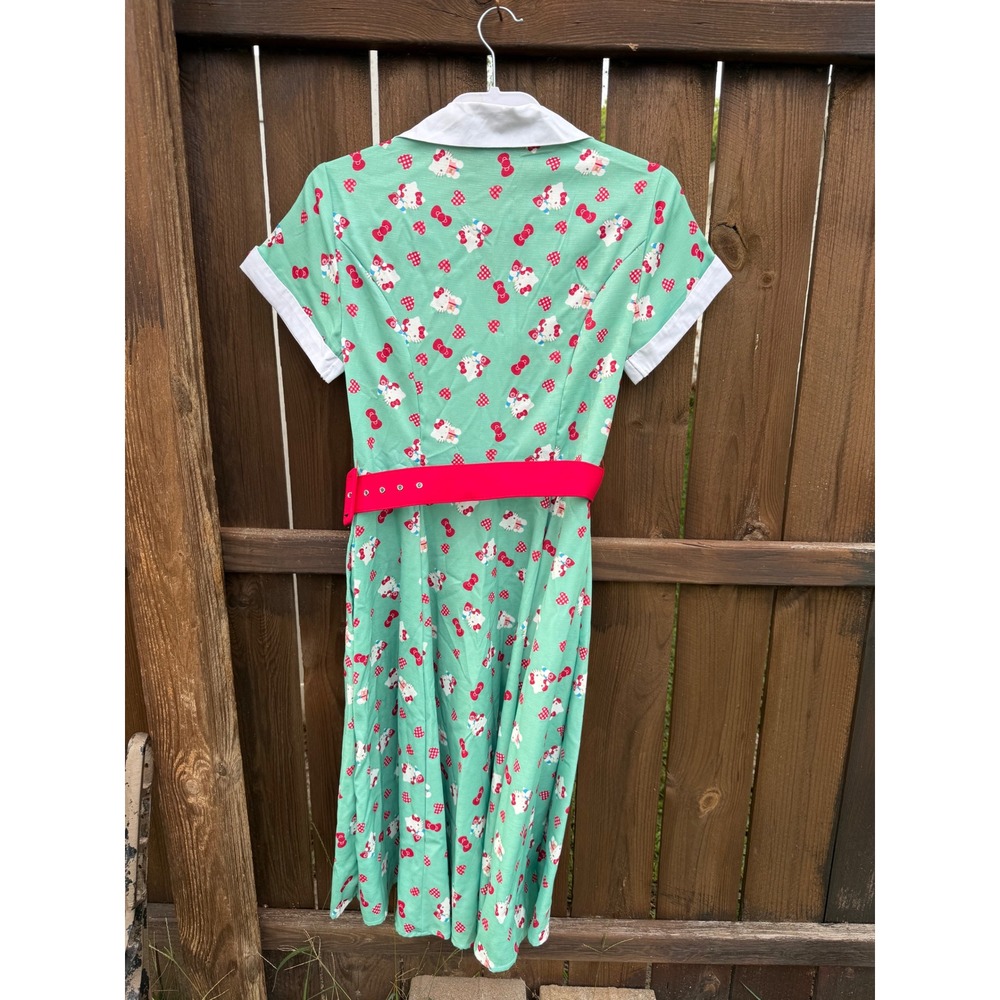 Unique Vintage x Hello Kitty Mint Green Swing Dress Retro Sanrio Midi Belted M - Picture 3 of 10